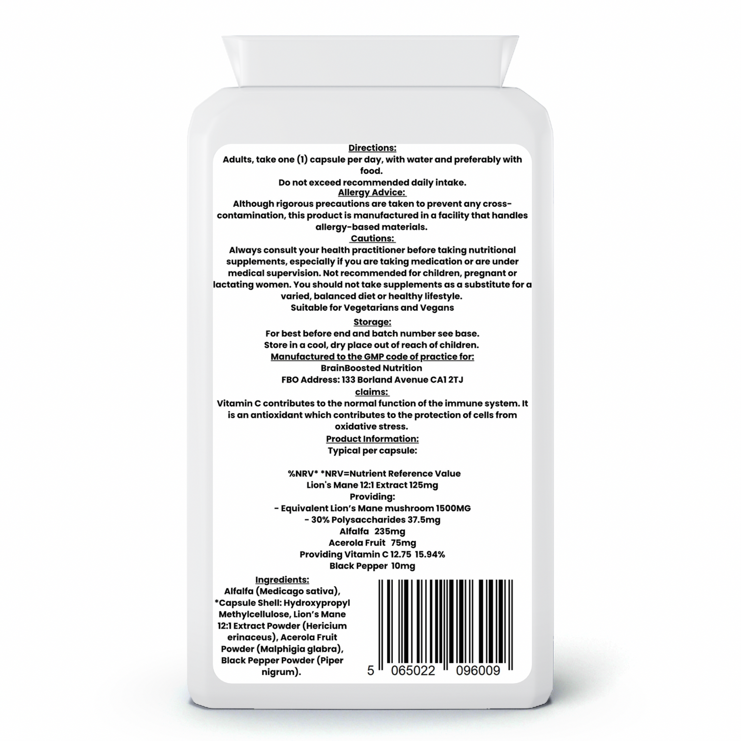 Lion’s Mane Complex – Brain & Nerve Support – 120 Capsules - BrainBoosted Nutrition