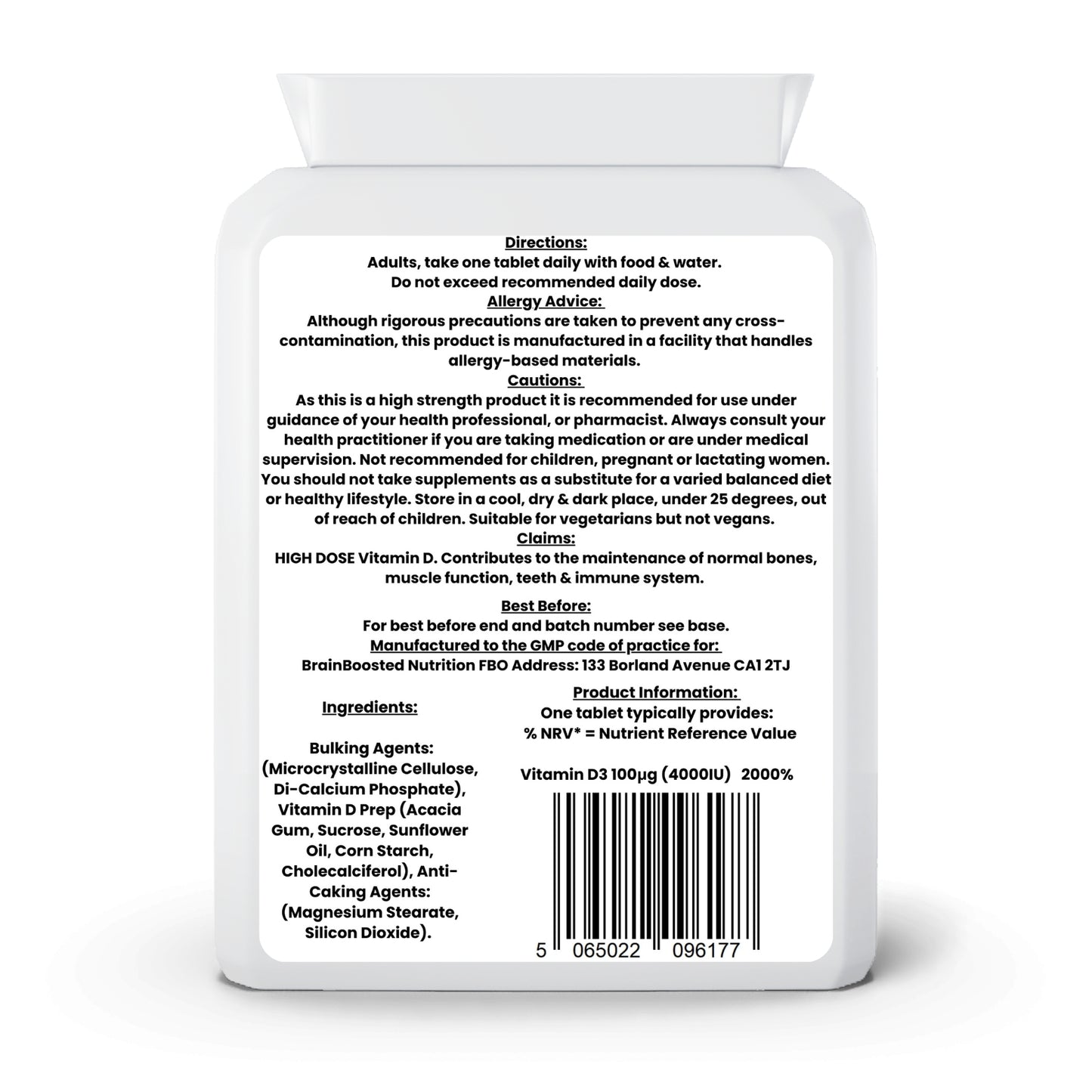 Vitamin D3 4000IU – High-Strength Bone & Immune Support – 1-Year Supply - BrainBoosted Nutrition