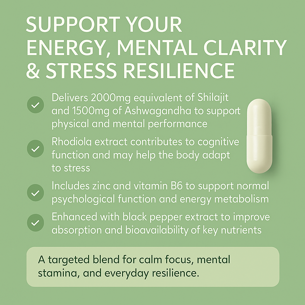 Shilajit + Ashwagandha + Rhodiola – Adaptogen Energy & Brain Vitality – 90 Capsules