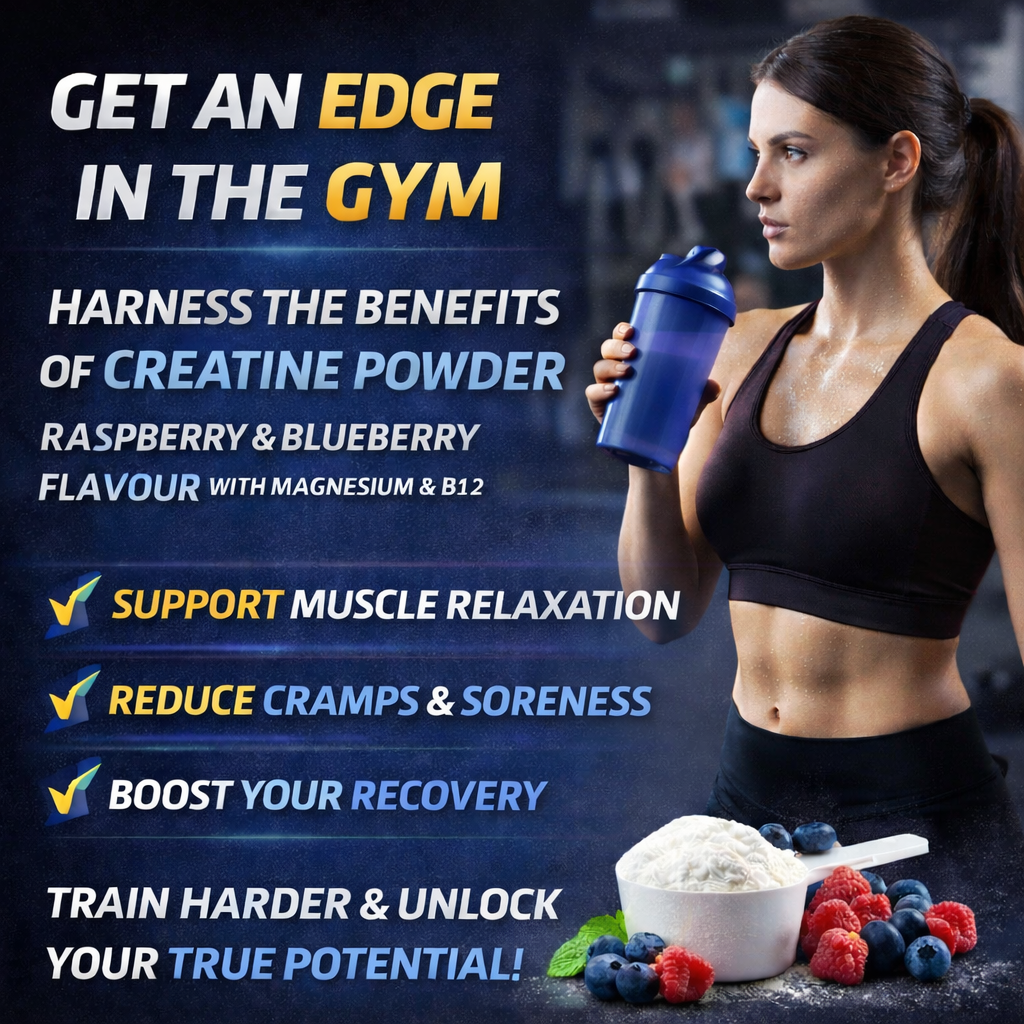 Creatine Monohydrate Powder with Magnesium, B6 & B12 | Raspberry & Blueberry Flavour | 200 Mesh | 500g | 71 Servings