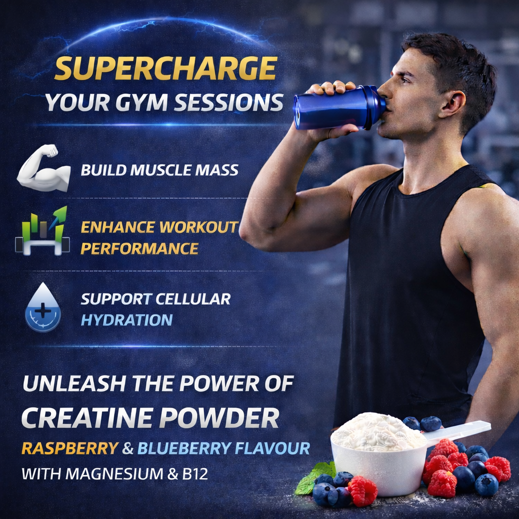Creatine Monohydrate Powder with Magnesium, B6 & B12 | Raspberry & Blueberry Flavour | 200 Mesh | 500g | 71 Servings