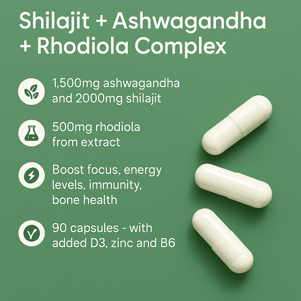 Shilajit + Ashwagandha + Rhodiola – Adaptogen Energy & Brain Vitality – 90 Capsules